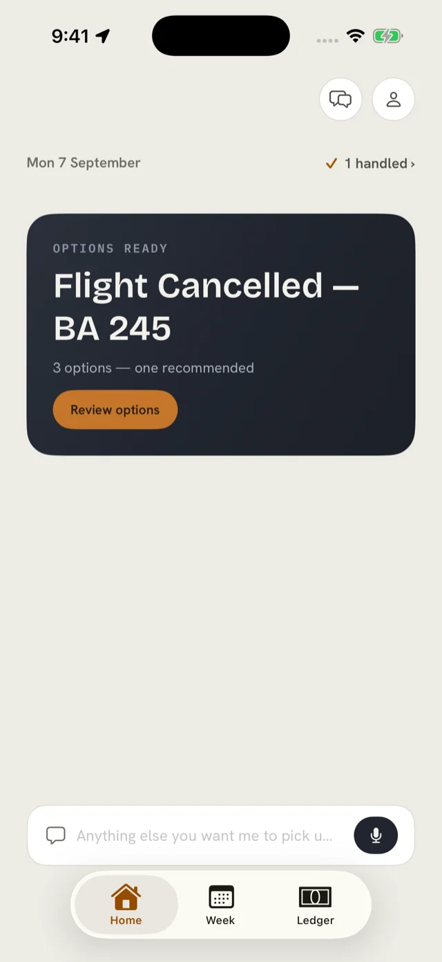 The VOYAIGE home screen with an open case: a cancelled flight, three options ready, one recommended.