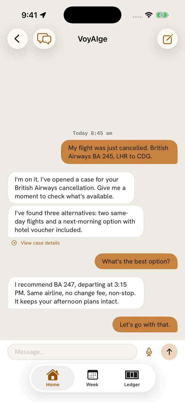 A VOYAIGE conversation resolving a cancelled flight, ending in a single recommendation.