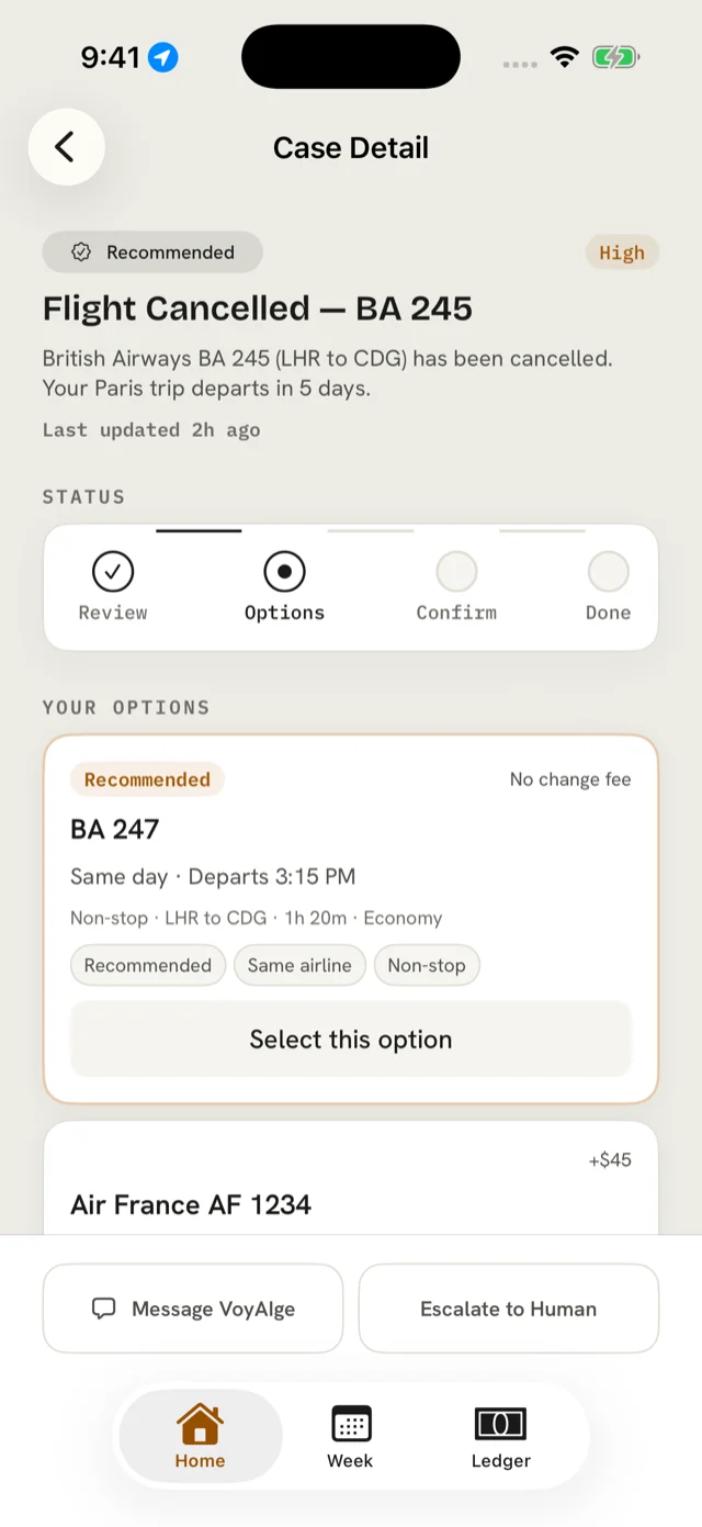 A VOYAIGE case detail screen showing the options for a cancelled flight, with one marked Recommended.
