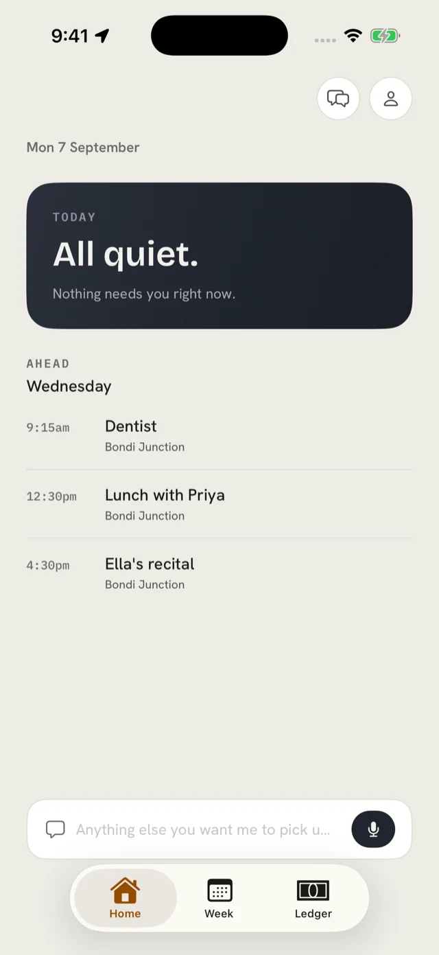 The VOYAIGE home screen on a quiet day, reading “All quiet — nothing needs you right now”, with the days ahead listed below.