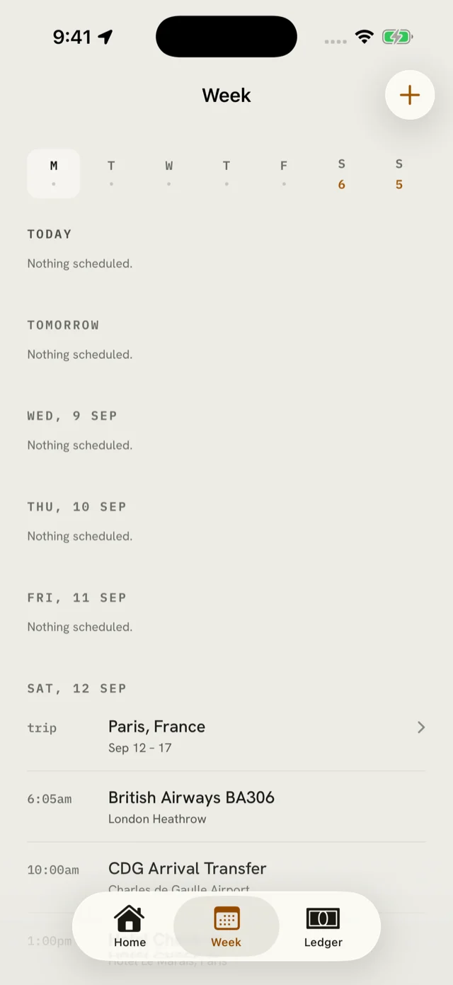 The VOYAIGE week view, showing each day ahead and what is on it.